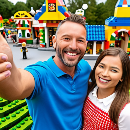 Home 16 A vibrant, cheerful scene at Legoland, featuring an adult couple in their 30s-40s with wide, authentic smiles, showcasing pure childlike joy. They are surrounded by meticulously crafted Lego brick structures in Mini-land, perhaps taking a selfie or pointing excitedly at a detailed landmark. The atmosphere is bright, colorful, and nostalgic, capturing the essence of "kidult" culture and rediscovering wonder.