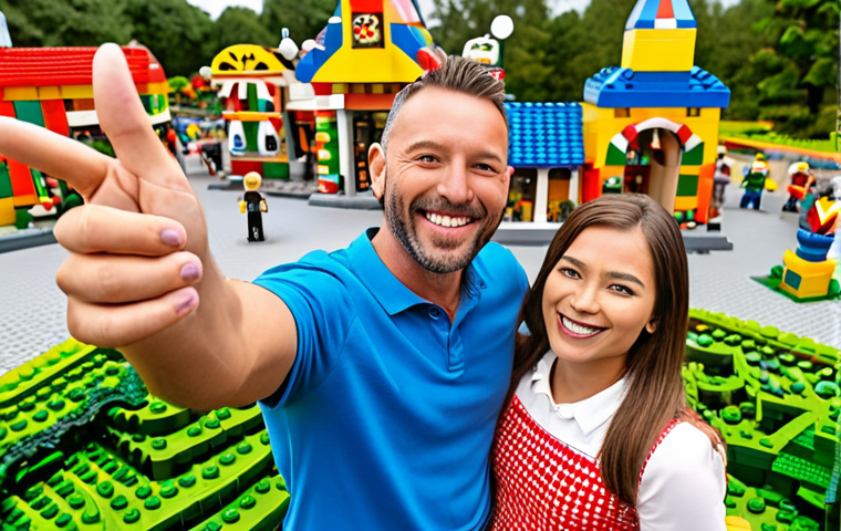 A vibrant, cheerful scene at Legoland, featuring an adult couple in their 30s-40s with wide, authentic smiles, showcasing pure childlike joy. They are surrounded by meticulously crafted Lego brick structures in Mini-land, perhaps taking a selfie or pointing excitedly at a detailed landmark. The atmosphere is bright, colorful, and nostalgic, capturing the essence of "kidult" culture and rediscovering wonder.
