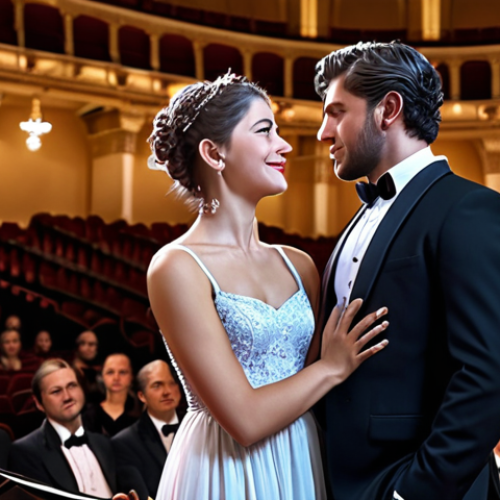 Home 15 **A couple on a romantic date at a classical concert, dressed elegantly, enjoying the music.**