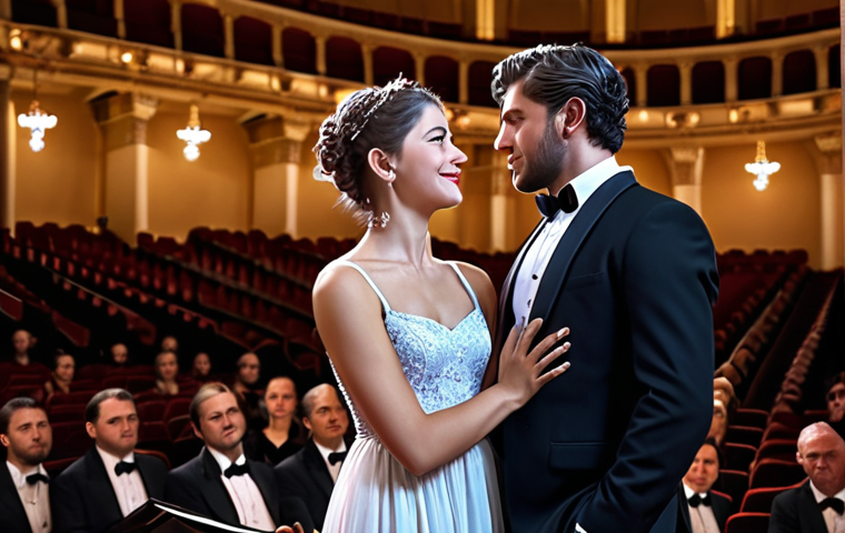 **A couple on a romantic date at a classical concert, dressed elegantly, enjoying the music.**