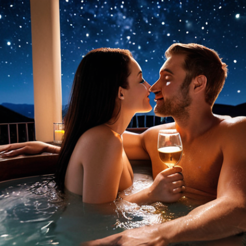 Home 8 **
A couple toasting with sparkling wine in a private villa's jacuzzi under a starry night. Aroma oils and soft lighting create a romantic spa atmosphere.
**