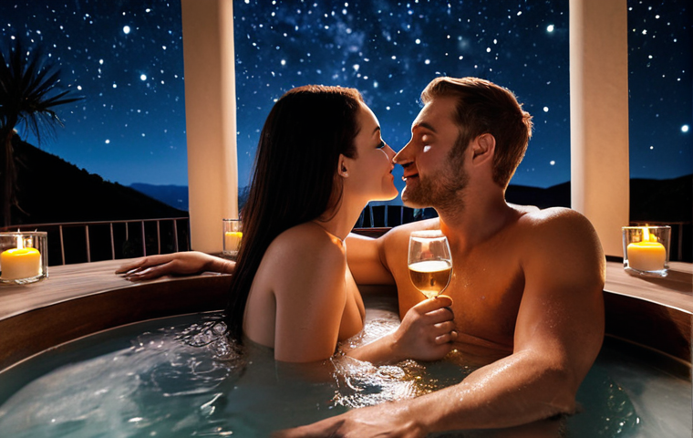 **
A couple toasting with sparkling wine in a private villa's jacuzzi under a starry night. Aroma oils and soft lighting create a romantic spa atmosphere.
**