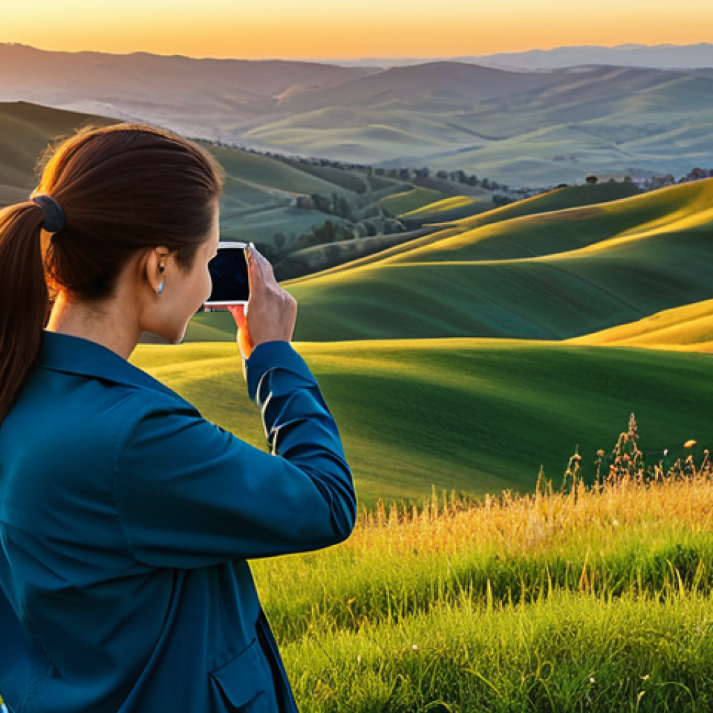 **
"A professional female photographer, fully clothed in modest outdoor attire, capturing a golden hour landscape with a smartphone. Rolling hills and a vibrant sunset in the background. Safe for work, appropriate content, perfect anatomy, natural proportions, professional photography, high quality."
**