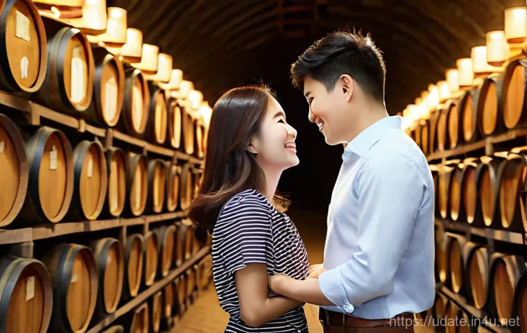 철도 여행 데이트 - **Prompt 1: Romantic Date in Cheongdo Wine Tunnel**
    A young, diverse couple, in their late 20s t...