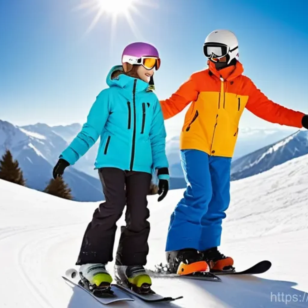 스노우보드 체험 데이트 - A joyful young couple, dressed in brightly colored and warm snowboarding suits with helmets and gogg...