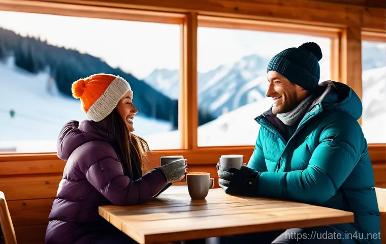 스노우보드 체험 데이트 - A romantic couple, wearing stylish and matching waterproof snowboard jackets and pants, stands on a ... 스노우보드 체험 데이트 - A romantic couple, wearing stylish and matching waterproof snowboard jackets and pants, stands on a ...