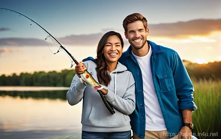 낚시터 데이트 - **Prompt 1: Cheerful Indoor Fishing Date**
"A young, diverse couple, both in their late 20s, ful...