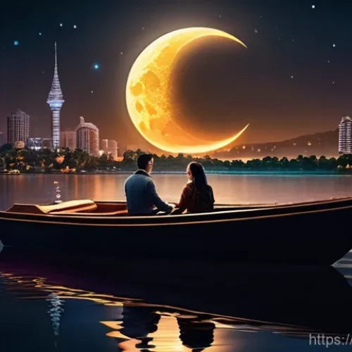 Home 28 보트 데이트 체험 - **Romantic Moon Boat Date at Night:** A young couple, dressed in stylish yet comfortable casual wear...