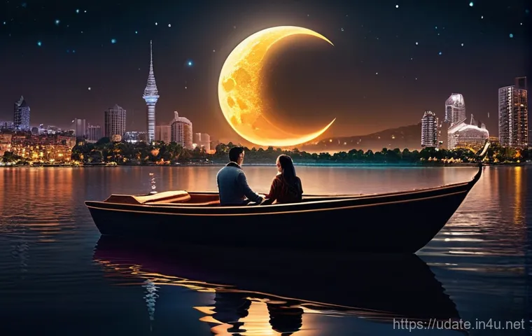 보트 데이트 체험 - **Romantic Moon Boat Date at Night:** A young couple, dressed in stylish yet comfortable casual wear...