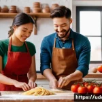 요리 클래스 데이트 - A romantic and intimate scene of a diverse young couple in a warm, rustic Italian cooking studio. Th...