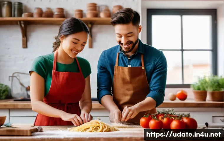 요리 클래스 데이트 - A romantic and intimate scene of a diverse young couple in a warm, rustic Italian cooking studio. Th...