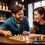 보드게임 바 데이트 - A young, diverse couple in their late 20s, dressed in smart casual attire, laughing warmly and makin...