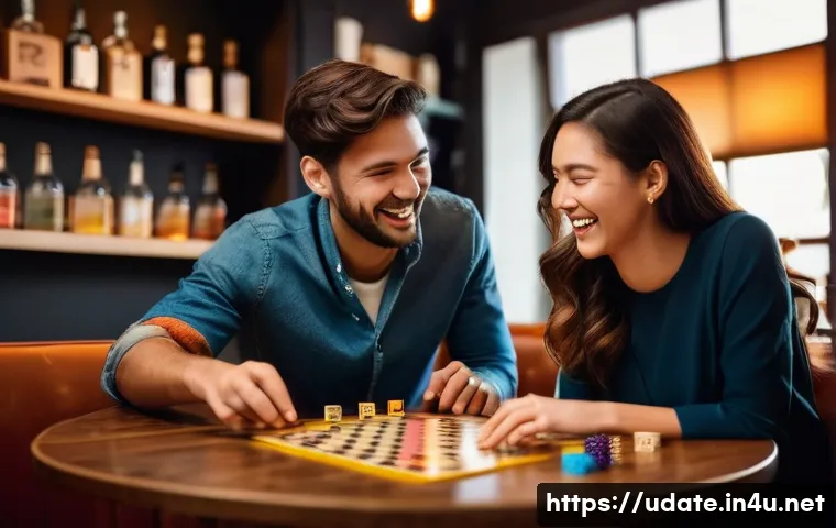 보드게임 바 데이트 - A young, diverse couple in their late 20s, dressed in smart casual attire, laughing warmly and makin...